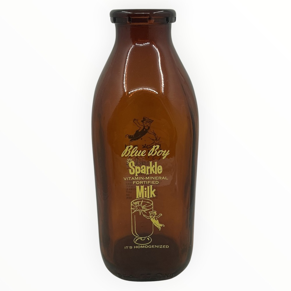 Vintage Blue Boy Sparkle Milk Bottle Amber Glass Quart Pyro Dairy Advertising